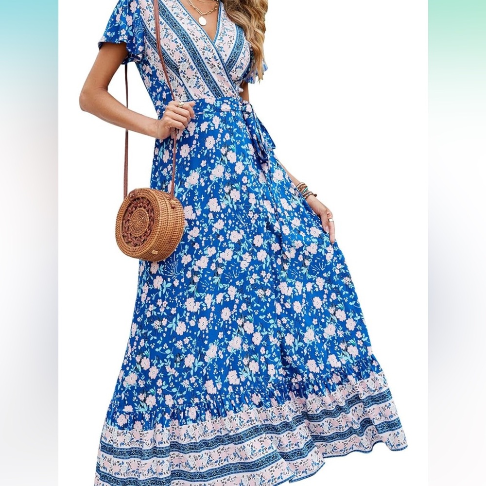 Blue Floral Wrap Maxi Dress Medium Zesica new with tags